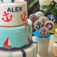 Nautical birthday cake and candy bar