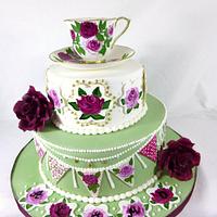 Free Hand Painted English High Tea Party cake with hand painted cup and saucer.