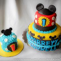Mickey Mouse themed birthday and matching baby smash cake