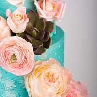 Spring is Here Wedding Cake , Teal and Coral