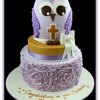 Christening cake with rose ruffle effect and owl