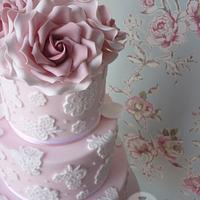 Pink vintage rose & lace wedding cake