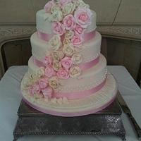 Pink and Ivory Cascading Roses Wedding Cake
