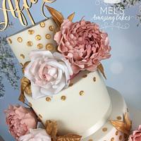 Roses,peonies and gold sequins wedding cake 