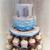 Beach themed ruffle cake & cupcakes