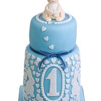 Double barrel two tier First birthday baby blue bunny cake