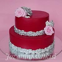 Red and silver birthday cake