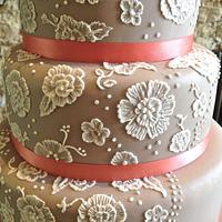 Coral & Taupe Wedding Cake with Brush Embroidery Lace