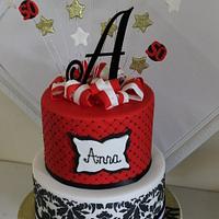 Red, black and white birthday cake