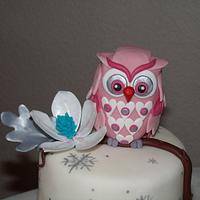 winter birthday cake with owls