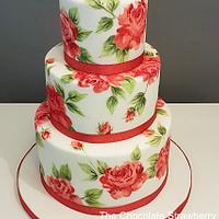 Red Rose painted wedding cake