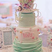 Shabby Chic Baby Shower Cake with Ruffles, Lace & Rosebuds