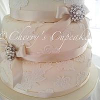 Pearl & Ivory Lace Wedding Cake
