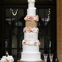 Gold, Lace and Floral Wedding Cake