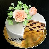 Roses and the checkerboard cake
