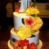 Tropical Beach themed Hibiscus wedding cake