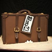 Vintage Suitcase (Upright) with Footprints in sand for a 21st Cake