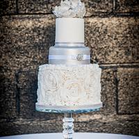 White Rose Ruffle and Silver Peony Wedding Cake