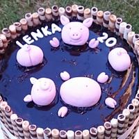 Chocolate birthday cake with pigs