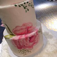 Hand painted peonies on a wedding cake