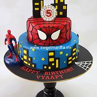 Spiderman theme 2 tier fondant cake for boys 5th birthday - CakesDecor