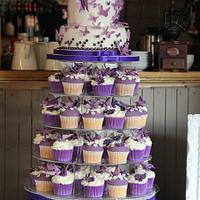 Purple and white butterfly wedding cake