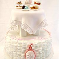 Pink Ruffle Cake with Mini Dessert Table Cake Topper