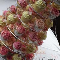 Pink lace cake and cupcake tower 