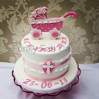 Girls christening cake with Baby pram topper