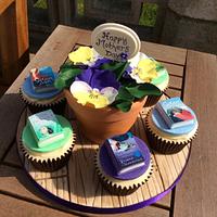 Plant pot cake with miniature book cupcakes