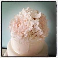 Blush peony and pearl wedding cake