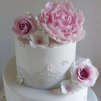 Pale grey with pink peony and roses