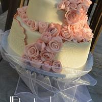 Wedding cake with lots of pink marzipan roses - Decorated - CakesDecor