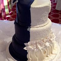 Wedding dress and tuxedo cake