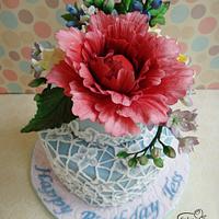 Sugar flowers and brush embroidery lace cake
