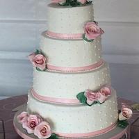 White & Pink Rose Wedding Cake