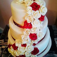 Burgundy & White Rose Cascade Wedding Cake
