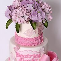 Baptism Cake with hydrangea and bears