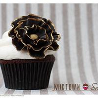 Chocolate Birthday Cupcakes with Black and White Ruffled Fondant Flowers with Gold Trim