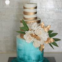 Teal White an Gold Cake