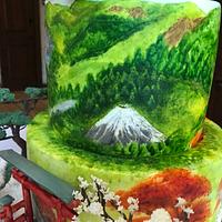 Hand painted welsh & japanese wedding cake 
