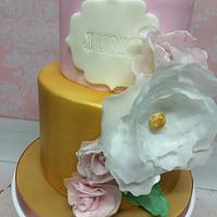 Gold & paper flowers 1st Birthday cake