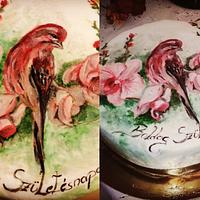 Bird and orchid hand painted cake