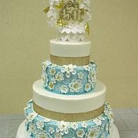 50th anniversary cake with light blue