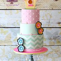BIRDHOUSE Topper on a Polka Dots and Chevron Pastel Cake
