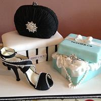 Jimmy Choo shoe, handbag and Tiffany box.