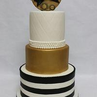 Gold, Black and White Baby Shower Cake with Baby Carriage - CakesDecor