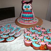 Owl 3D cake, cookies and cupcakes