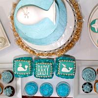 White Whale Baby Boy Shower Cake