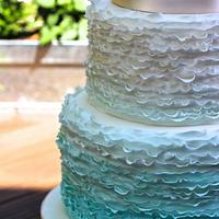 Blue Ombre Ruffle cake with pink David Austin Roses